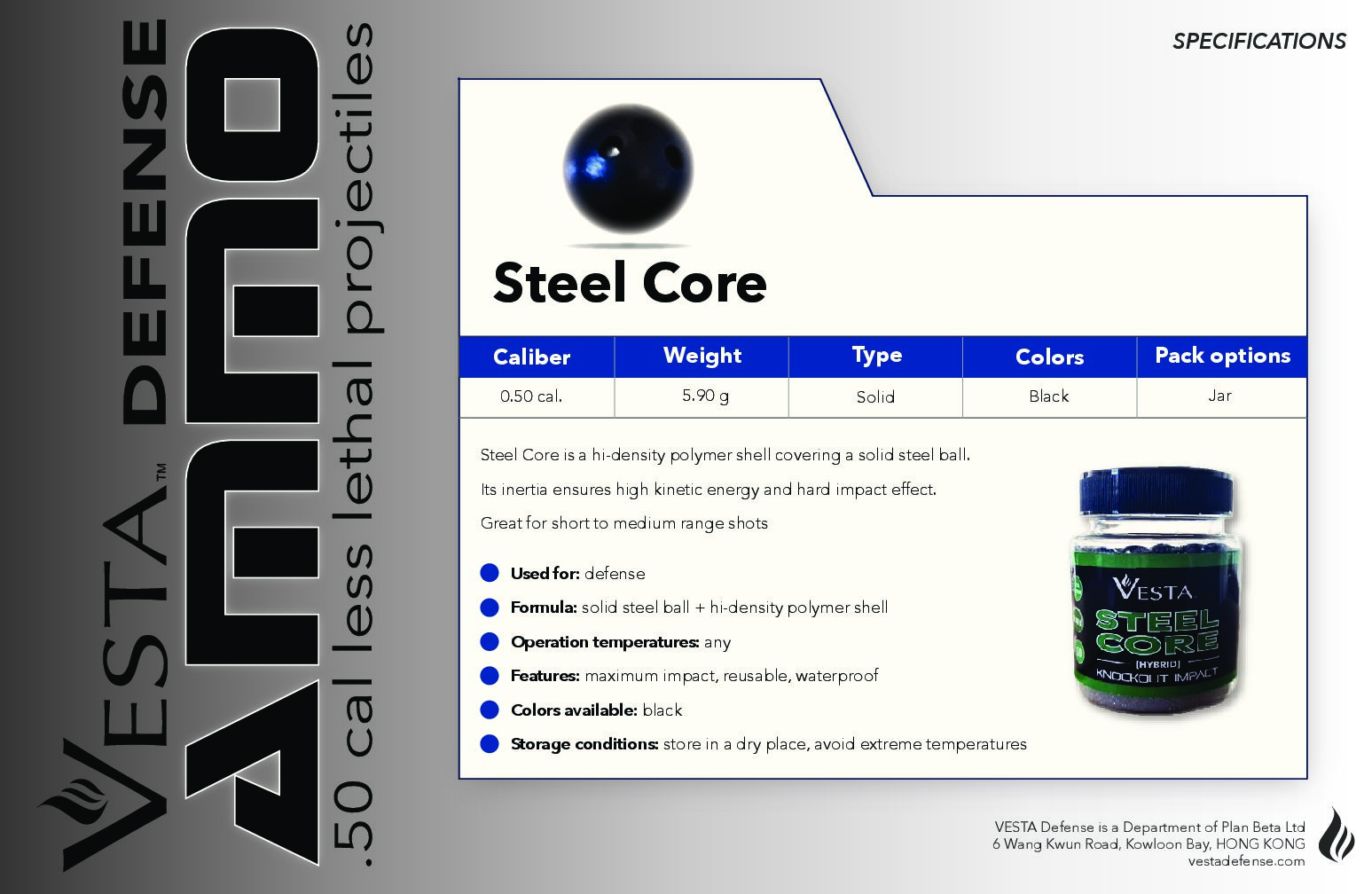 Balín Vesta Defense, calibre .50 (STEEL CORE/ núcleo de acero dentro de una carcasa de polímero de alta densidad) Bolsa con 200u.