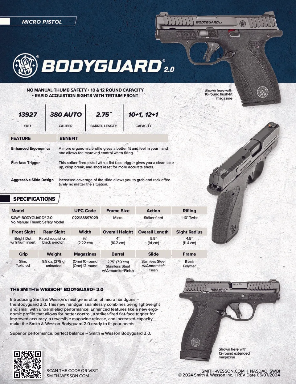 Pistola Smith & Wesson modelo Bodyguard 380, calibre .380Auto, capacidad 10-12Rd.