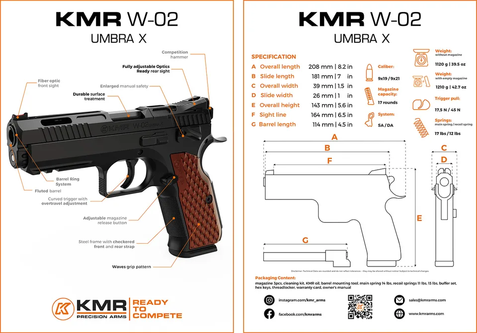 Pistola KMR Precision Arms, Modelo W-02 UMBRA X OR, calibre 9mm, cañón 4,5'', Capacidad 17rd