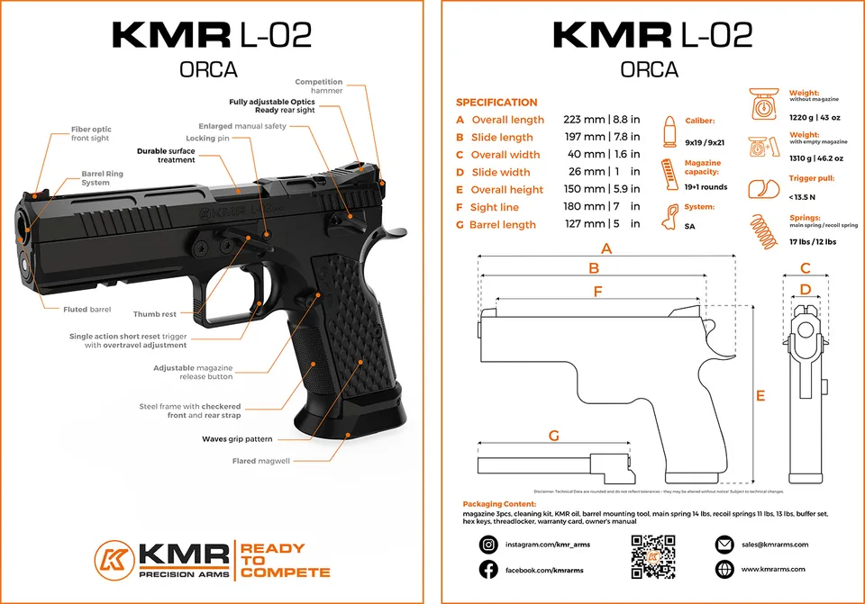 Pistola KMR Precision Arms, Modelo L-02 ORCA OR, calibre 9mm, cañón 5'', Capacidad 19 + 1rd (copia)