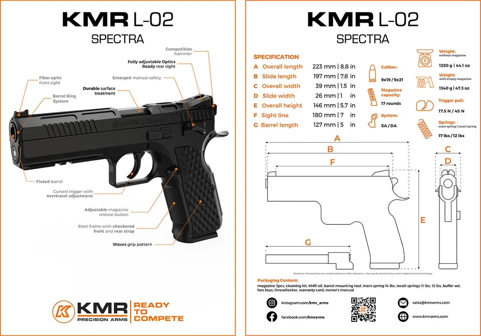 Pistola KMR Precision Arms, Modelo L-02 ESPECTRA OR, calibre 9mm, cañón 5'', Capacidad 17 + 1rd