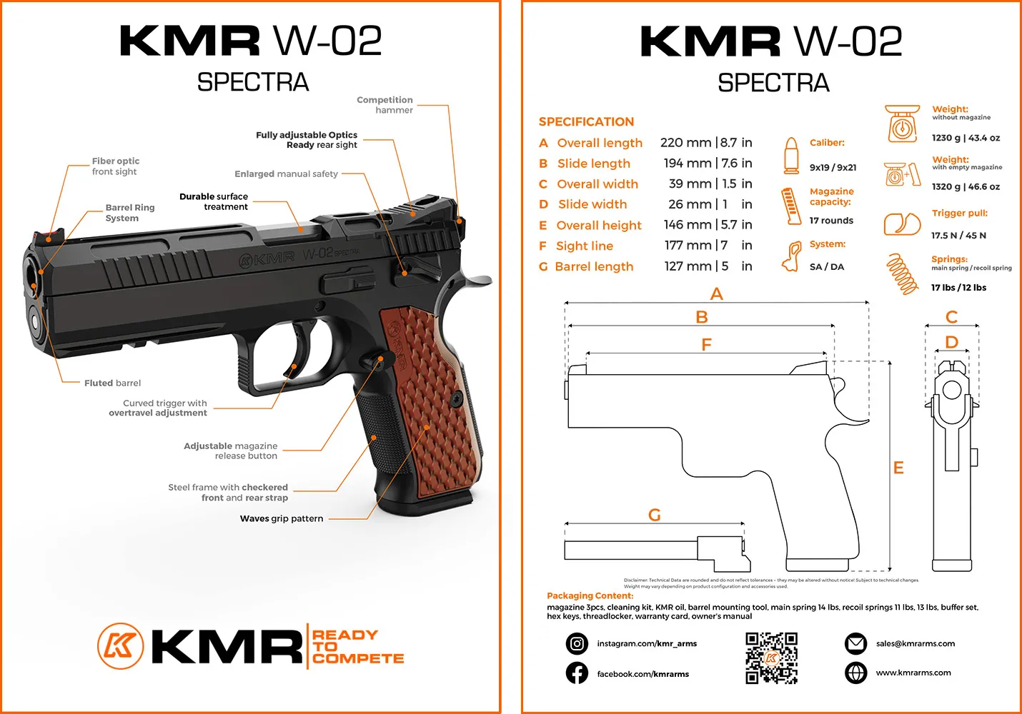 Pistola KMR Precision Arms, modelo W-02 SPECTRA X OR, calibre 9mm, capacidad 17+1Rds. Cañón de 5''.