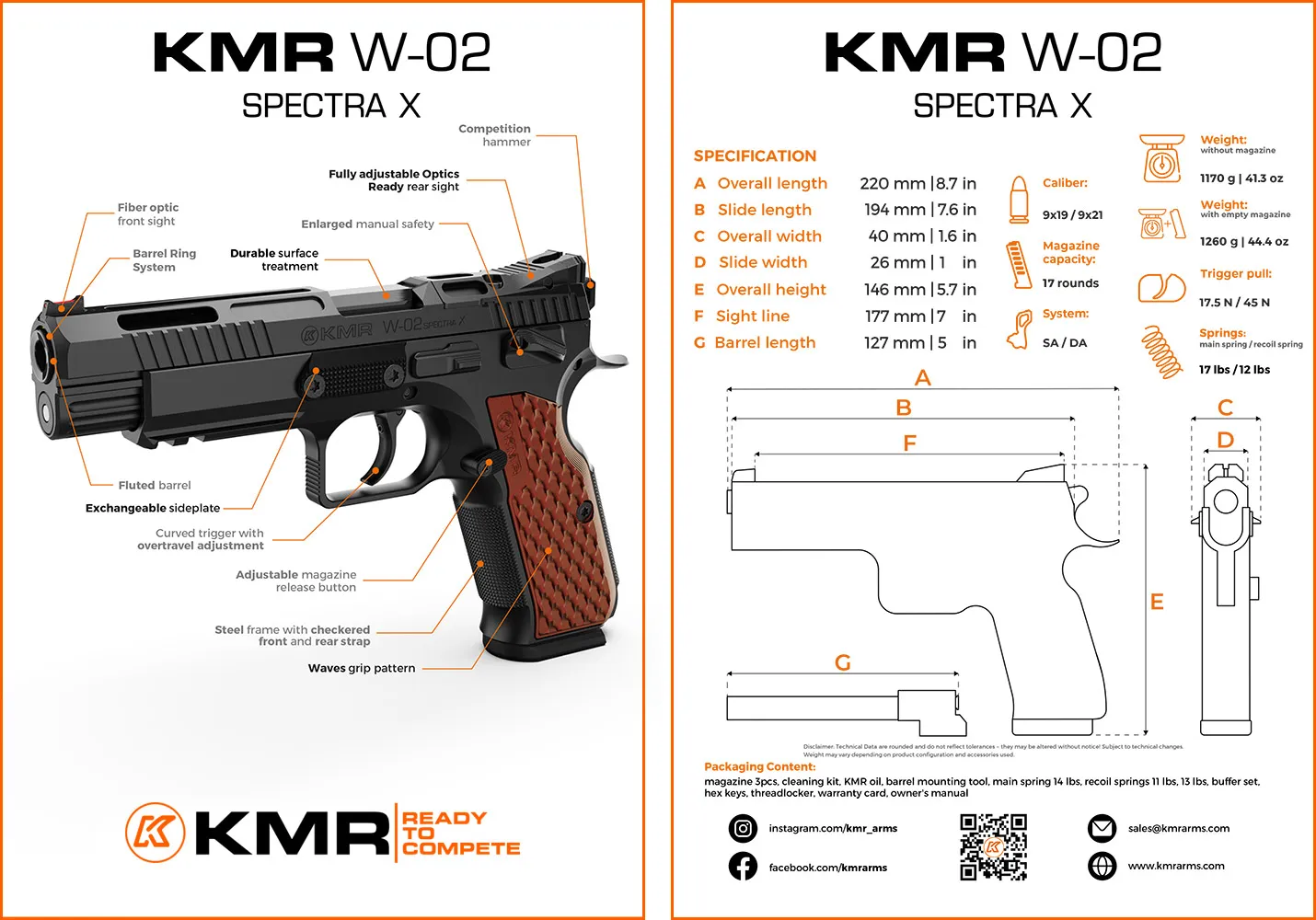 Pistola KMR Precision Arms, modelo W-02 SPECTRA X OR, calibre 9mm, capacidad 17+1Rds. Cañón de 5''.